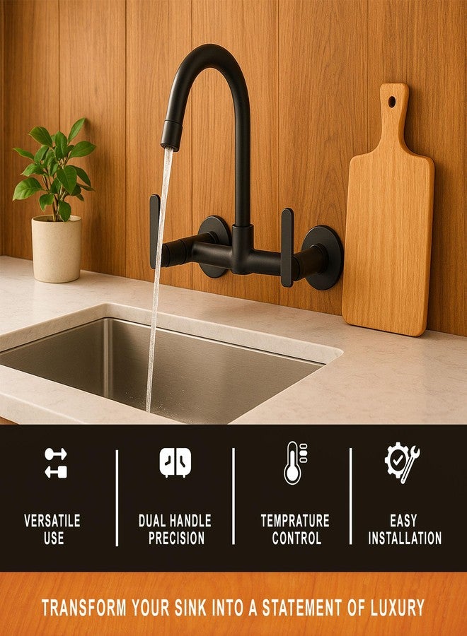 New Ware Brass Matte Black Hot & Cold Double Cross Handle Tap for Home, Bathroom, Kitchen Faucet with 22 cm Tall Body Faucets Mixer Taps with Wall Flange - Image 3
